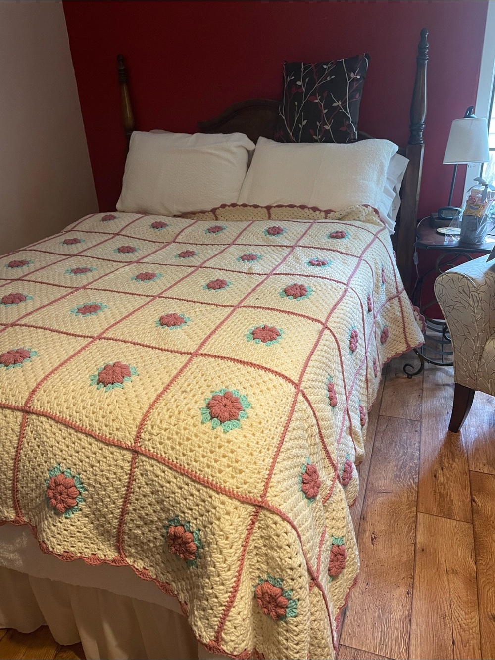 Handmade Cream Crochet Flower Bedspread with Pink and Teal Accents